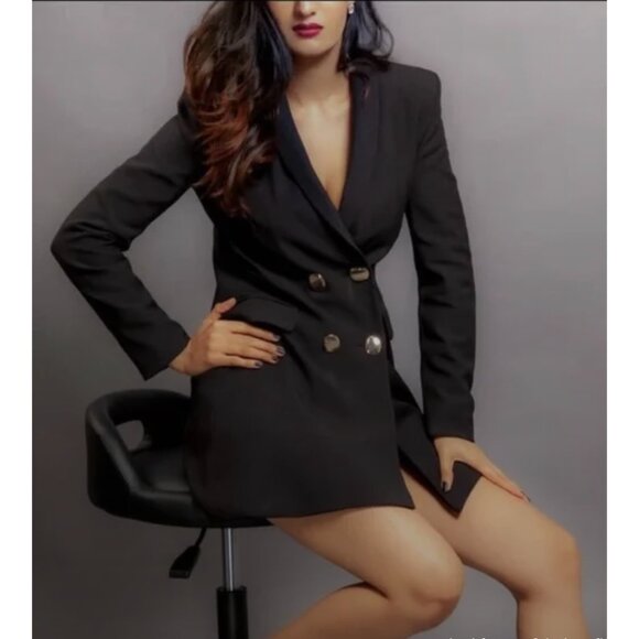 ZARA Double Breasted Long Blazer Jacket in Black Minimalist Blogger Fave Size S - Picture 2 of 14